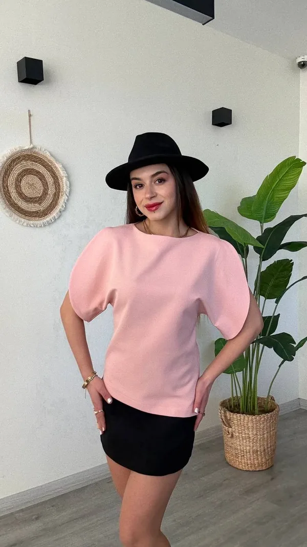 Bisiklet Yaka Pembe Balon Kol Bluz – Modern Şık Ofis Bluzu - Pembe