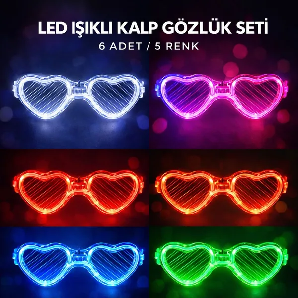 LED Işıklı Kalp Glow Pilli Parti Gözlüğü ? 6 Adet / 5 Renk Set