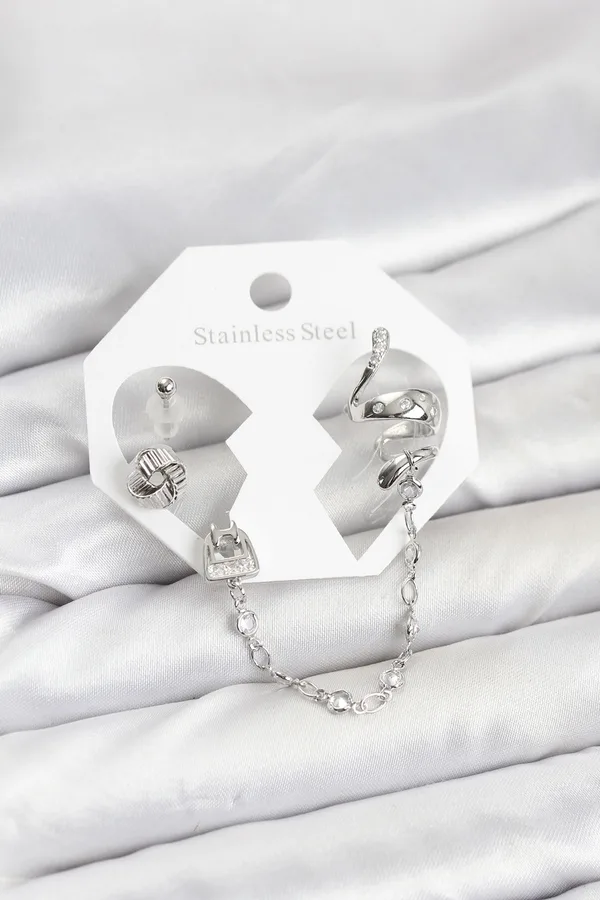 Pirinç Gümüş Renk Yılan Model Zincir Bağlantılı Ear Cuff Küpe Seti