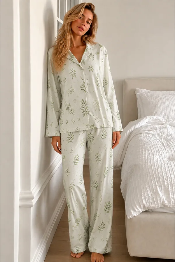 Kadın Bürümcük Tam Boy Çağla Yeşili Pijama Takımı