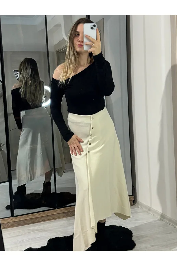 ZR Model Selanik Önü Düğmeli Uzun Etek - Ekru