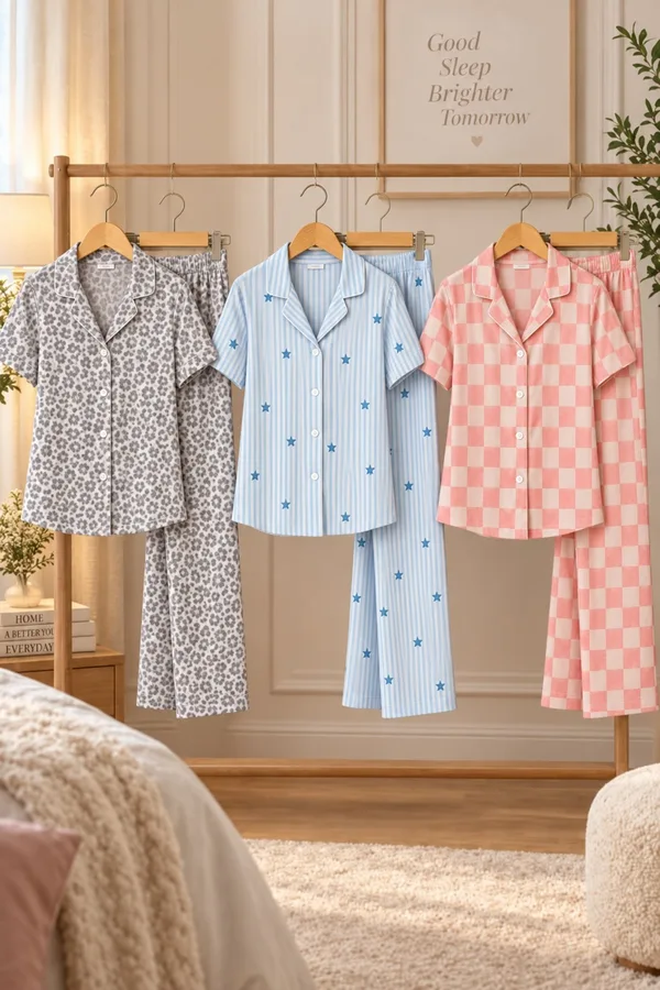 3 Adet Kadın Kısa Kollu Rahat Pijama Takımı Gri