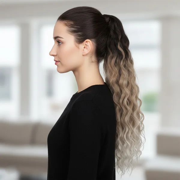 Lastik Tokalı At Kuyruğu Kabarık Afro Daalı / Kahverengi / Kumral  Ombre Beyaz Platin Röfle