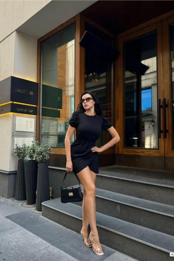 Bisiklet Yaka Mini Kısa Elbise Kollu