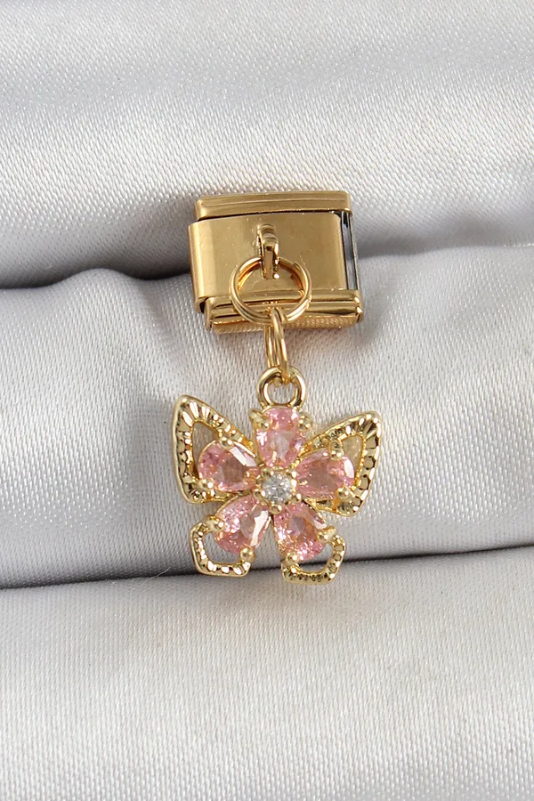 316L Çelik Sallantılı Zirkon Taşlı Çiçek Figürlü Kelebek Model Gold Renk Nomination Charm