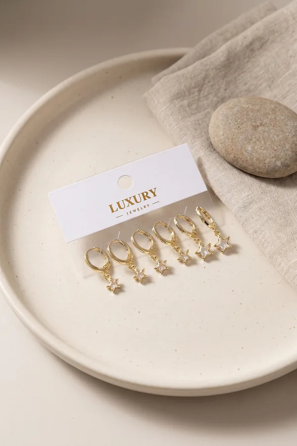 Yıldız Zirkon Taşlı Gold Renk Pirinç Set Küpe