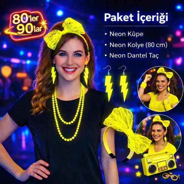 80’ler 90’lar Neon Sarı Parti Seti – Kolye Küpe Taç