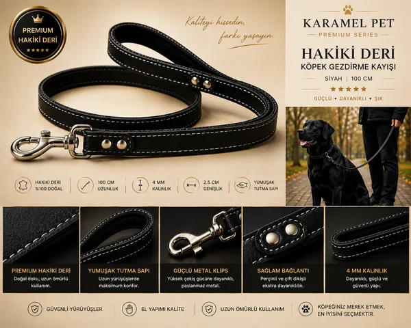 Hakiki Deri Köpek Gezdirme Kayışı Siyah 100 cm Yumuşak Doulu Tutma Saplı