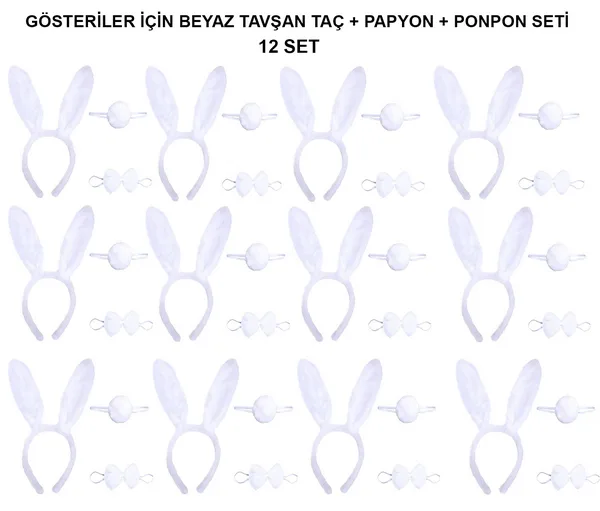 Beyaz Tavşan Kostüm Seti – Taç, Papyon, Kuyruk (12’li Paket)