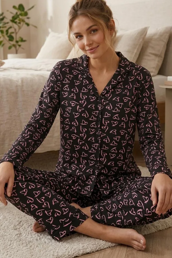 Pembe Kalp Desenli Uzun Kollu Pijama Takımı 4602 -Siyah