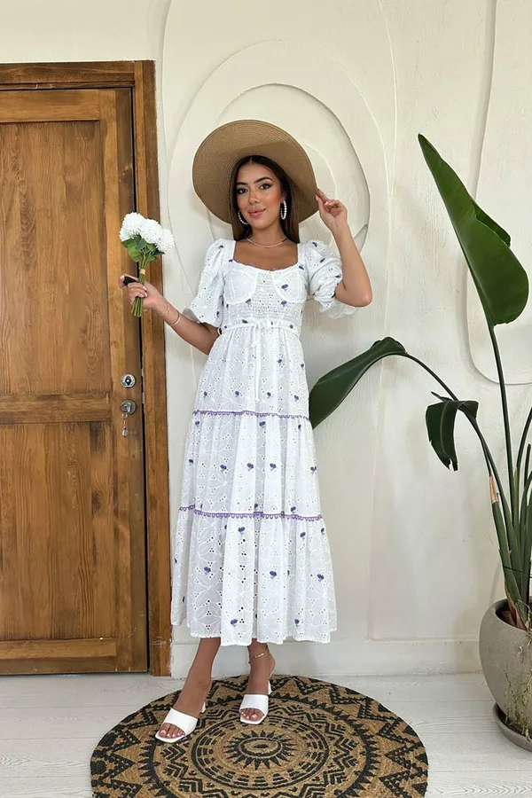 Lila Dantel Detaylı Brode Elbise