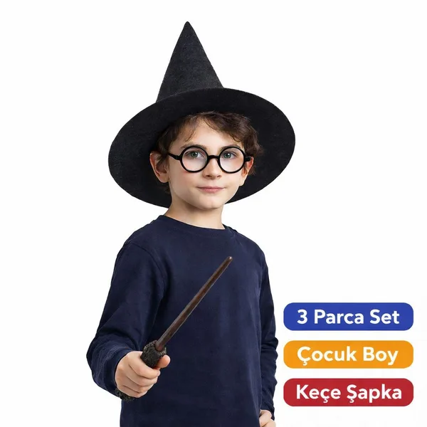 Harry Potter Tarzı Çuk Seti (Siyah Keçe Şapka, Asa, Gözlük)