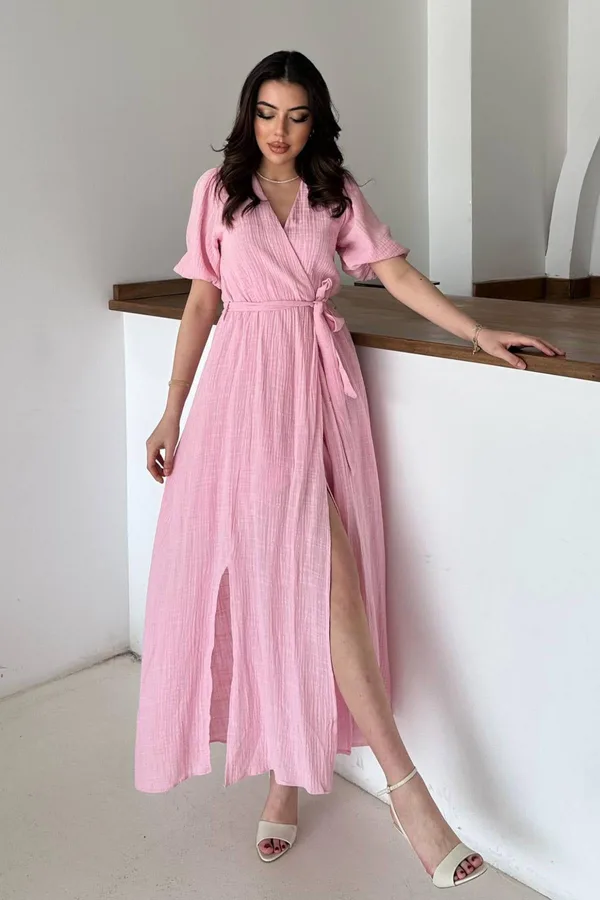 Pembe Kruvaze Yaka Müslin Keten Elbise - Pembe