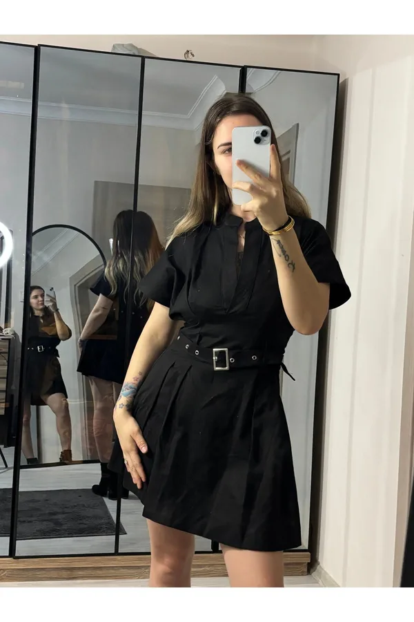 ZR Model Gabardin Kumaş Kemerli Mini Elbise - Siyah