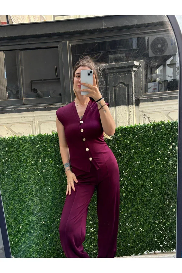 Ön Gold Düğmeli Modal Kumaş Yelekli ZR Model Takım - Bordo