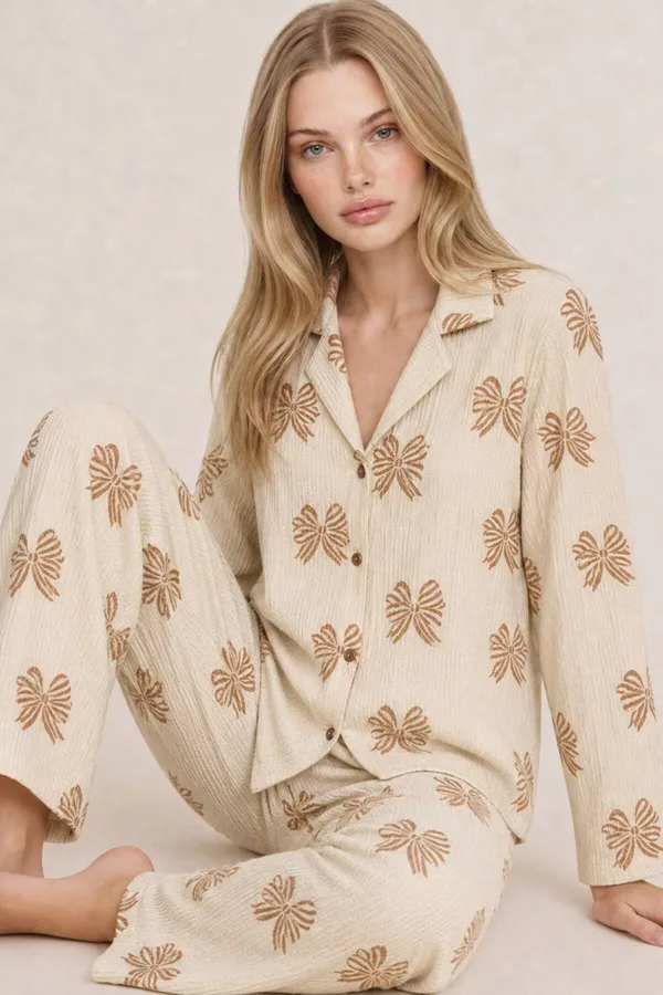 Kadın Uzun Kol Rahat Krem Pijama Takımı 4759