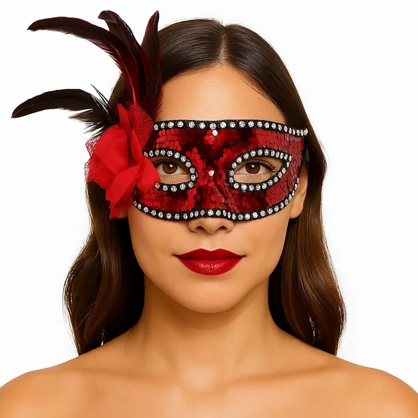 Kırmızı Renk Yandan Tüylü lü Gümüş Taşlı Pullu Maske 20x22 cm