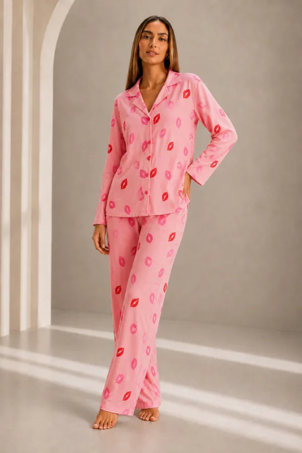 Kadın Önden Düğmeli Uzun Kollu Pembe Pijama Takımı