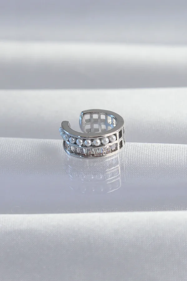 Pirinç Gümüş Renk İncili Baget Taşlı Earcuff Küpe