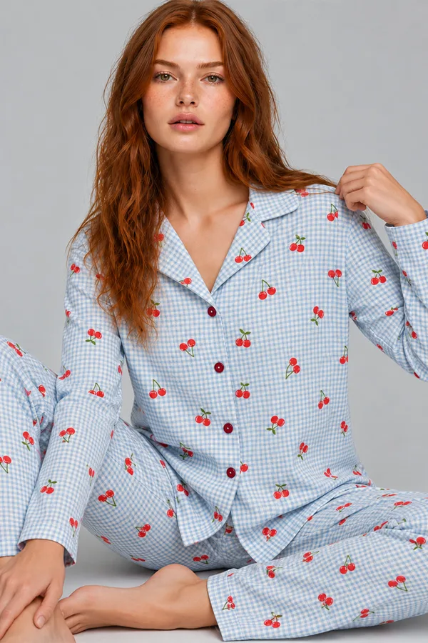 Kadın Kiraz Desenli Pötikare Mavi Pijama Takımı 4792