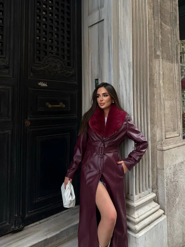Kemerli, Kürk Detaylı Uzun Deri  Kadın Kaban - Bordo