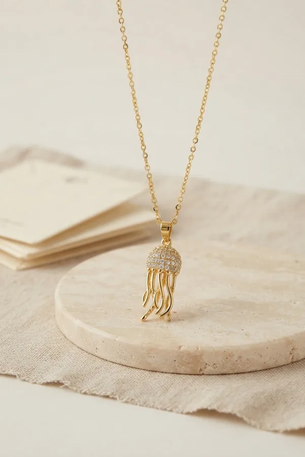 316L Çelik Zincir Gold Renk Zirkon Taşlı Jellyfish Model Kolye