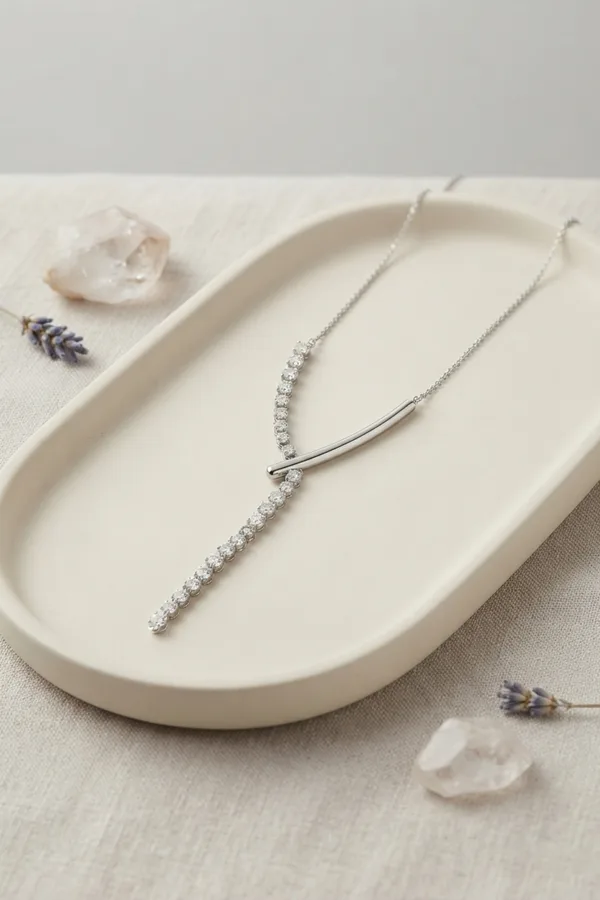 Pirinç Gümüş Renk Zirkon Taşlı Asimetrik Bar Model Kadın Kolye