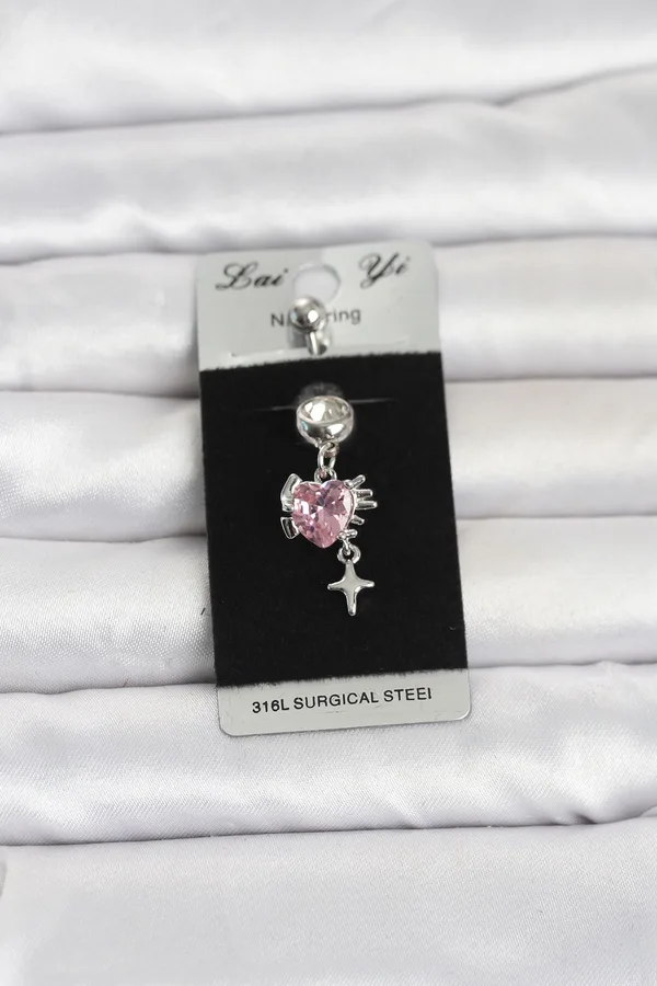 316L Cerrahi Çelik Pembe Zirkon Taşlı Model Göbek Piercing