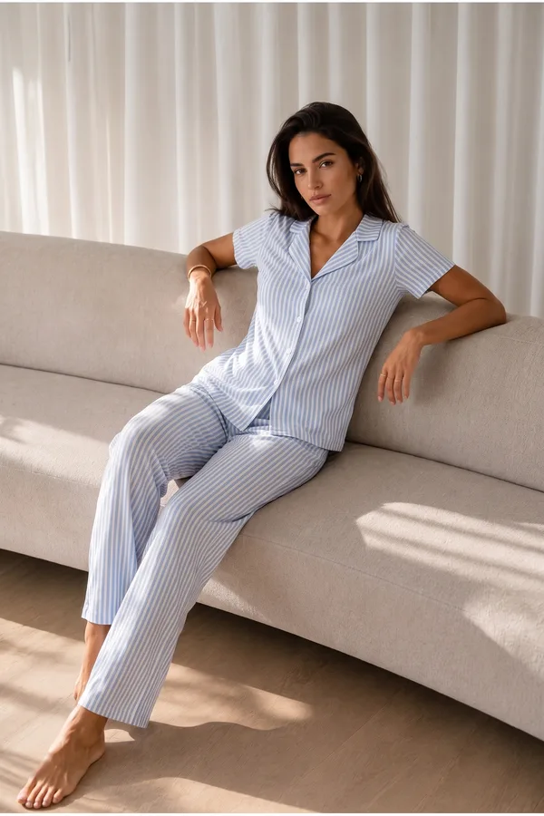 Kadın Loose Uzun Paça Pamuk Mavi Pijama Takımı