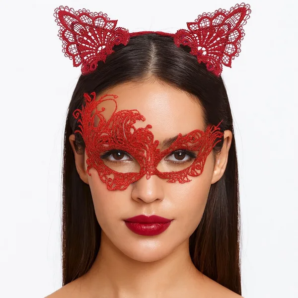 Kırmızı Dantel Maske ve Taç Seti 1 No - Kostüm Seti