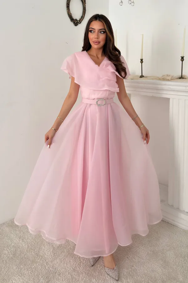 Pembe Pelerin Detaylı Organze Elbise
