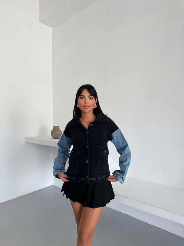 Denim Kol Detaylı Kontrast Ceket – Güçlü Stil, Net Duruş - Siyah