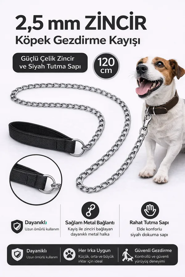 Zincir Köpek Gezdirme Kayışı Dalı Çelik & Ergonomik Tutma Saplı 2,5 mm-120 cm Siyah