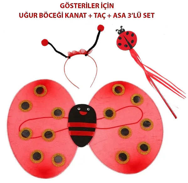 Çuk Gösteri İçin Uğur Böceği Kanat + Taç + Asa 3'lü Kostüm Seti