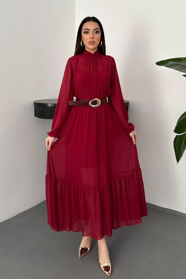 Bordo Eteği Fırfırlı Şifon Elbise