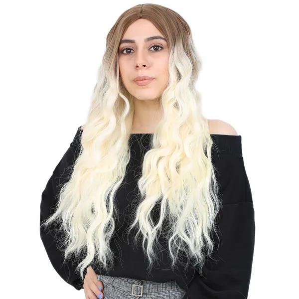 Su Daası Uzun Perçemsiz Fiber Sen Peruk / Kumral / Platin Ombreli