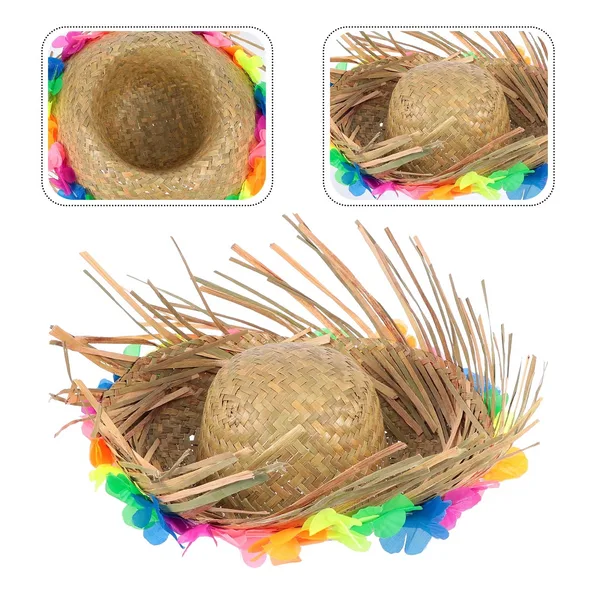 Naturel Renk Püsküllü Örme Hasır Hawaii Luau ha Şapka 13x36 cm