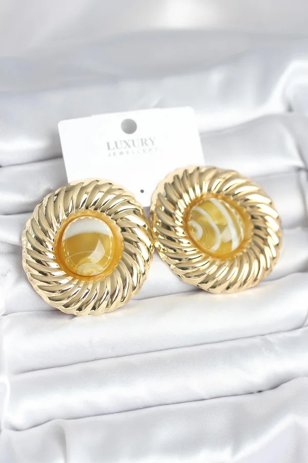 Pirinç Gold Renk Kehribar Boncuklu Vintage Kadın Küpe
