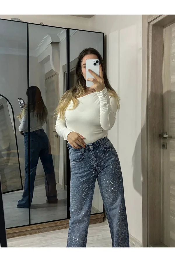 Ön Full Taşlı Wide Leg Koyu Kar Yıkama Pantolon - Mavi