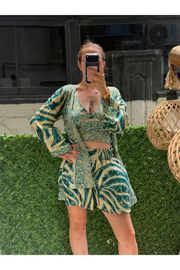 İthal Etnik Desen Üçlü Kimono Takım (36-46 BEDEN UYUMLU STANDART BEDENDİR) - Mor