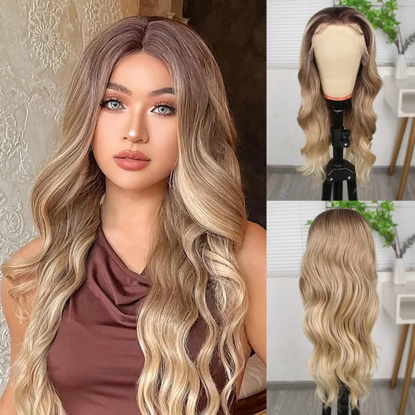 Kumral Dore Sarı Ombre  ve Röfleli Fiber Sen Geniş Daalı Tül Peruk