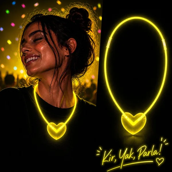 Neon Işıklı Fosforlu Kalp Parti Kolyesi Sarı Renk