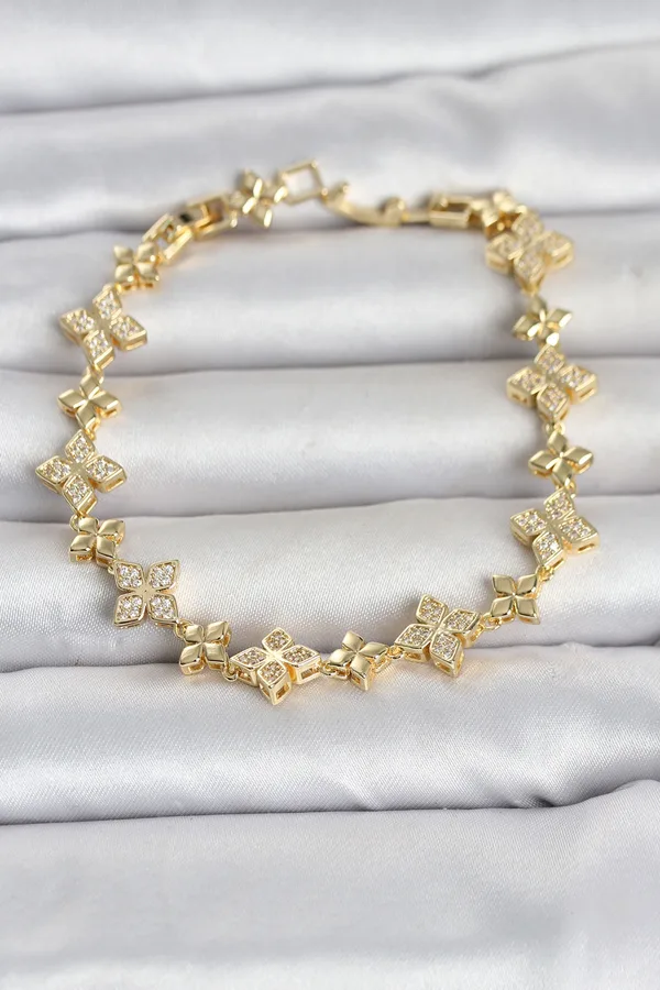 Pirinç Zirkon Taşlı Yonca Model Gold Renk Kadın Bileklik