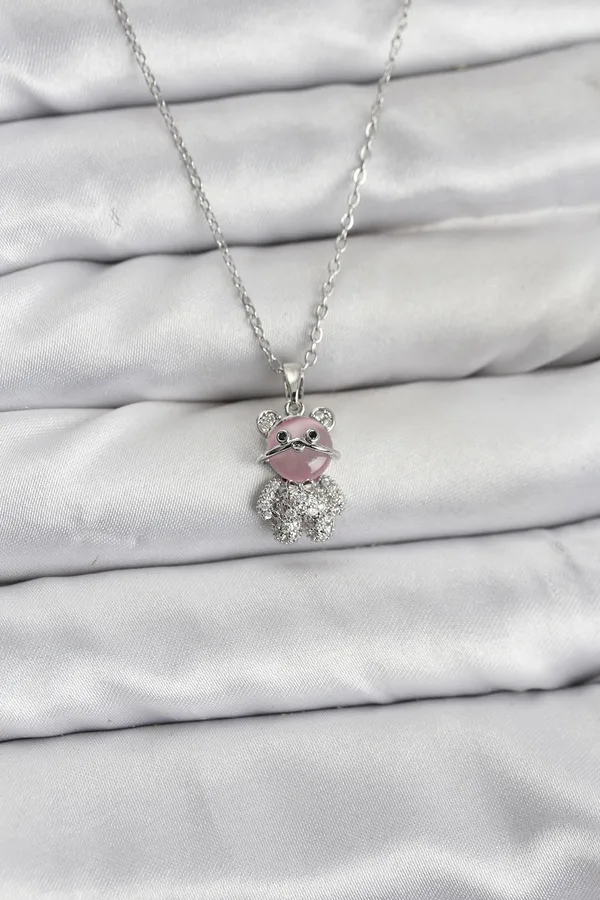 316L Çelik Zincir Gümüş Renk Teddy Bear Model Zirkon Taşlı Kadın Kolye