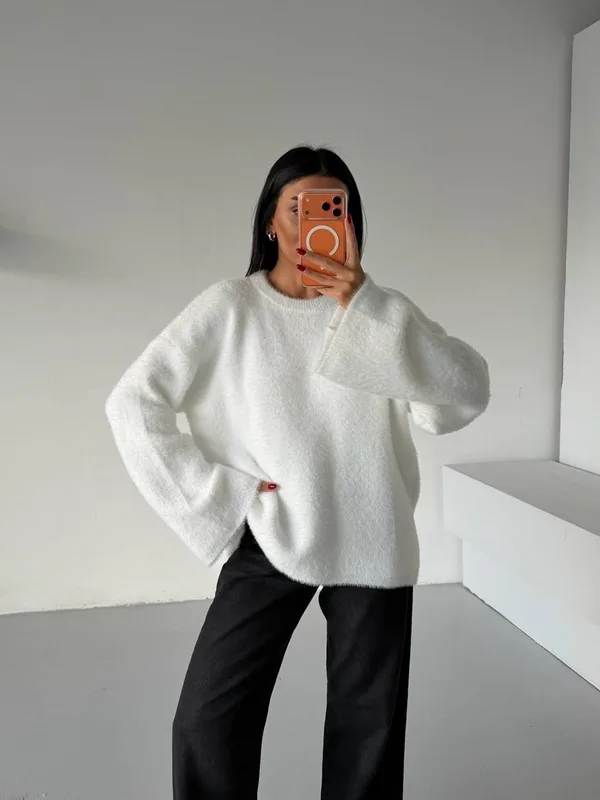 Yumuşak Dokulu Oversize Triko Kazak – Ekru - Ekru