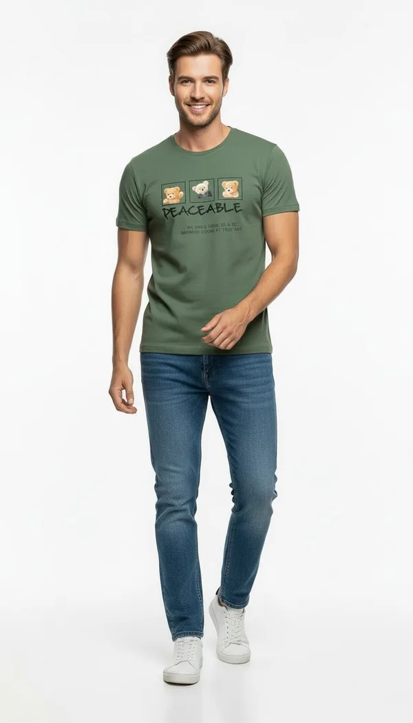 Erkek Günlük Stil Baskılı T-Shirt - Yeşil