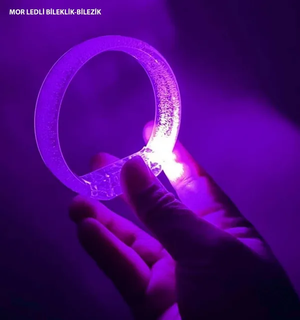 Mor Led Işıklı Baskı Yapılabilen Pilli Bileklik Bilezik 1,5 cm Genişlik