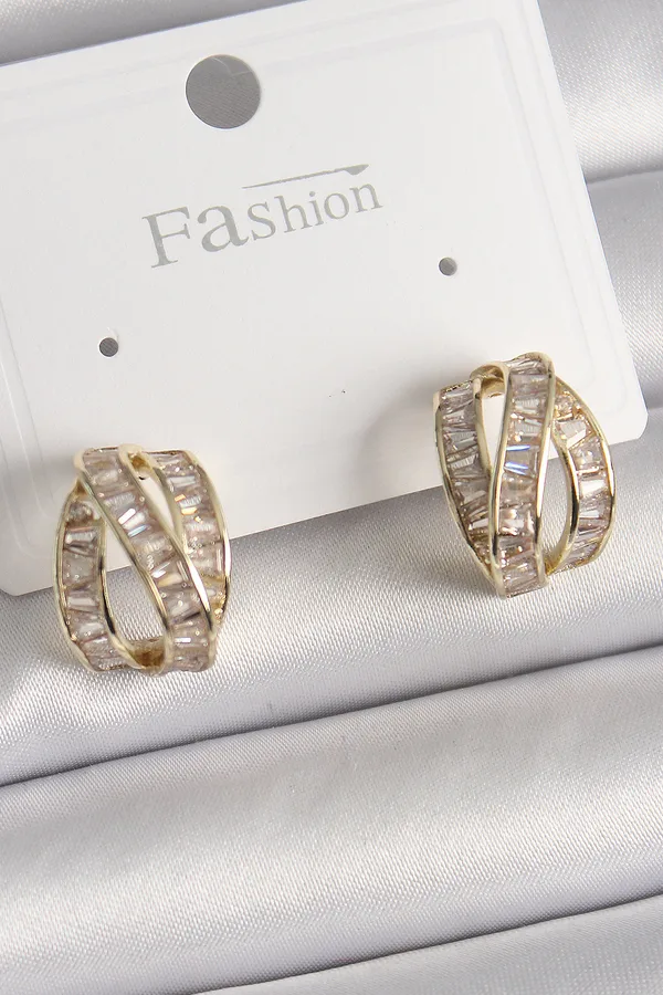 Pirinç Gold Renk Zirkon Taşlı Düğüm Halka Model Kadın Küpe