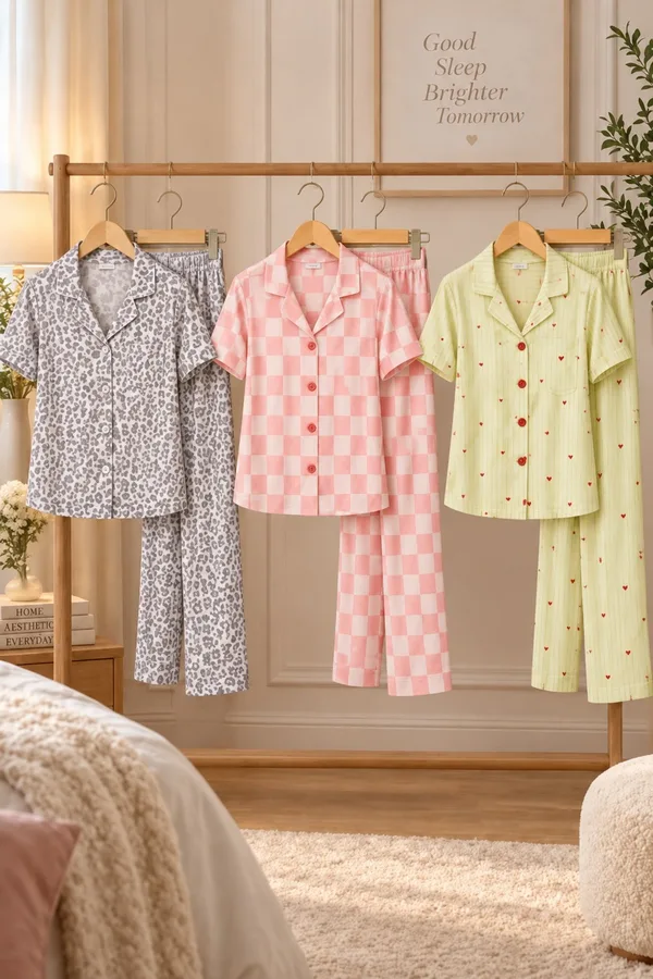 3 Adet Kadın Kısa Kollu Rahat Pijama Takımı Pembe