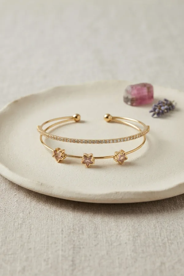 Pembe Yıldız Model Gümüş Renk Zirkon Taşlı Pirinç Bileklik